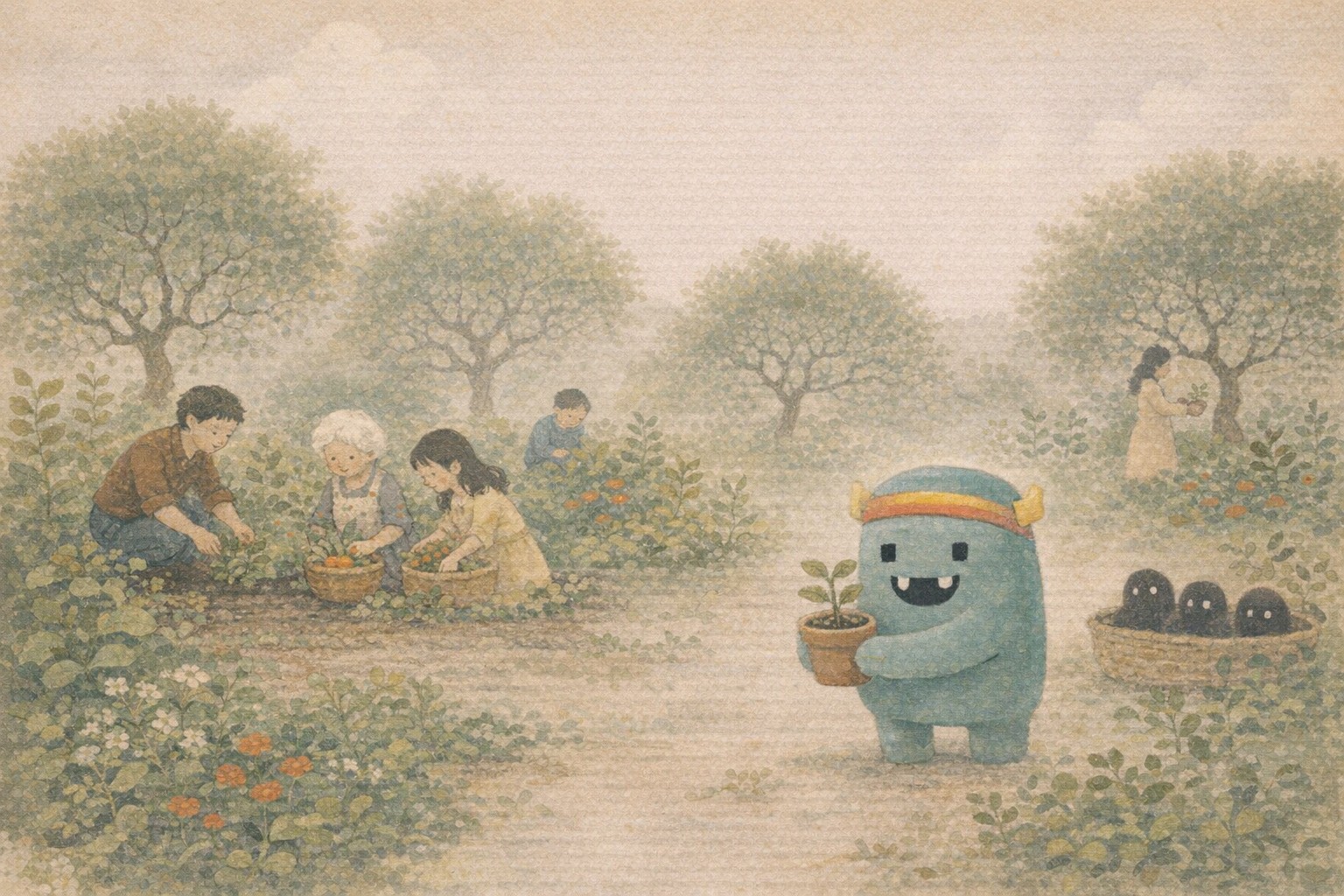 一座成熟的花園，網站小屋被茂盛植物環繞，人們一起照料，邊緣還有少數垃圾墨團被收束